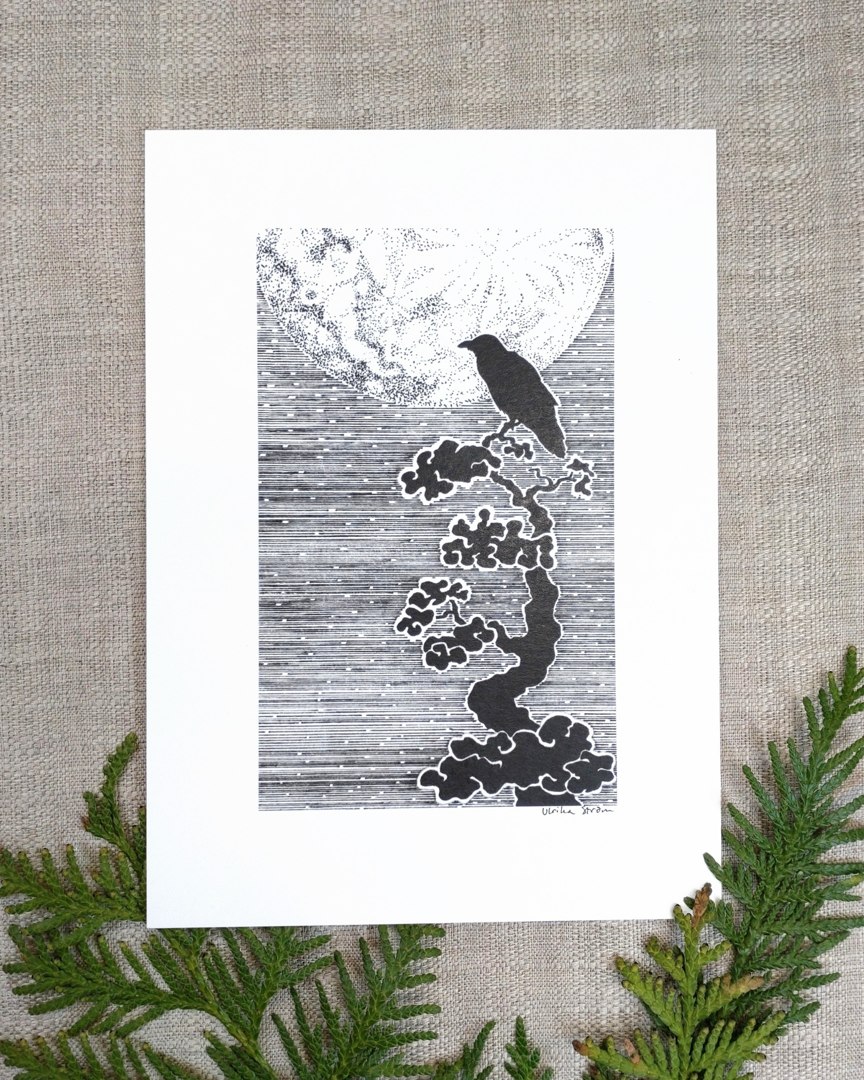 Svartvit tuschteckning av en korp med fullmåne i bakgrunden.